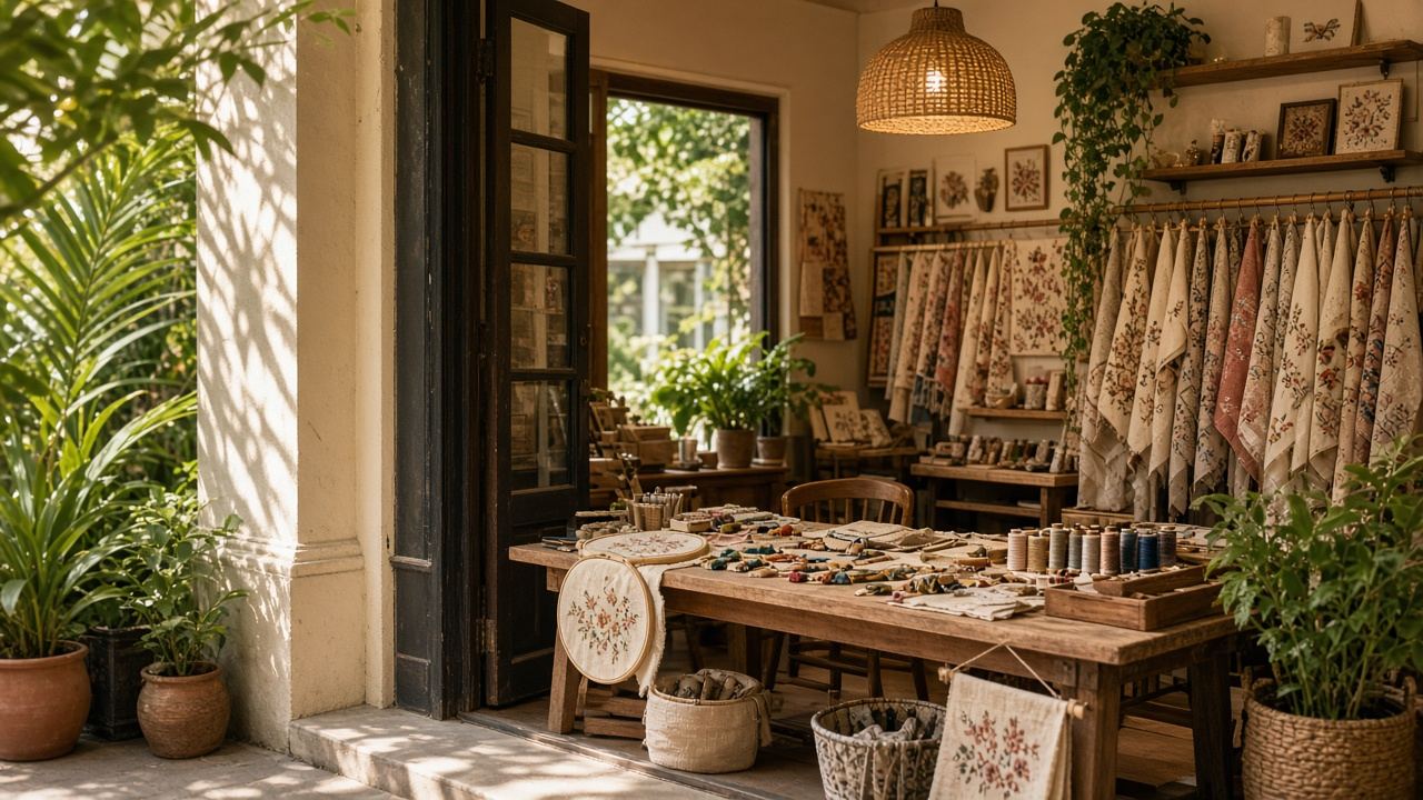 Embroidery / needlework studio workspace at Studio Hazeldock